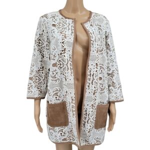 Chico's Open Style Jacket Topper Tan White Crochet Lace 2/Large